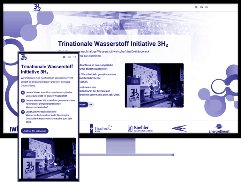 Referenz - WordPress Agentur Offenburg für 3h2: Abbildung eines responsiven WordPress-Webdesign auf Desktop und Smartphone