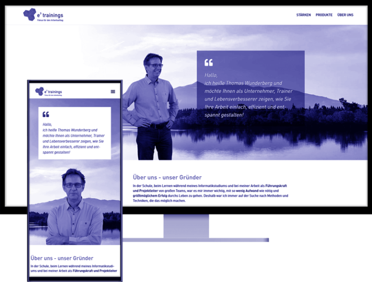 WordPress-Webdesign für e3-trainings: Abbildung der Custom WordPress-Website auf Desktop und Smartphone