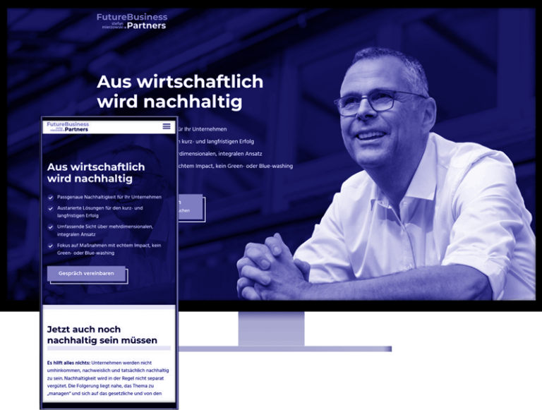 WordPress-Webdesign für Future-Business-Partners: Abbildung der Custom WordPress-Website auf Desktop und Smartphone