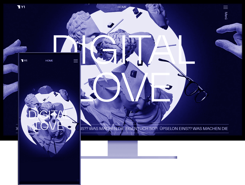Referenz - WordPress Agentur Karlsruhe für Y1 Digital AG: Abbildung eines responsiven WordPress-Webdesign auf Desktop und Smartphone