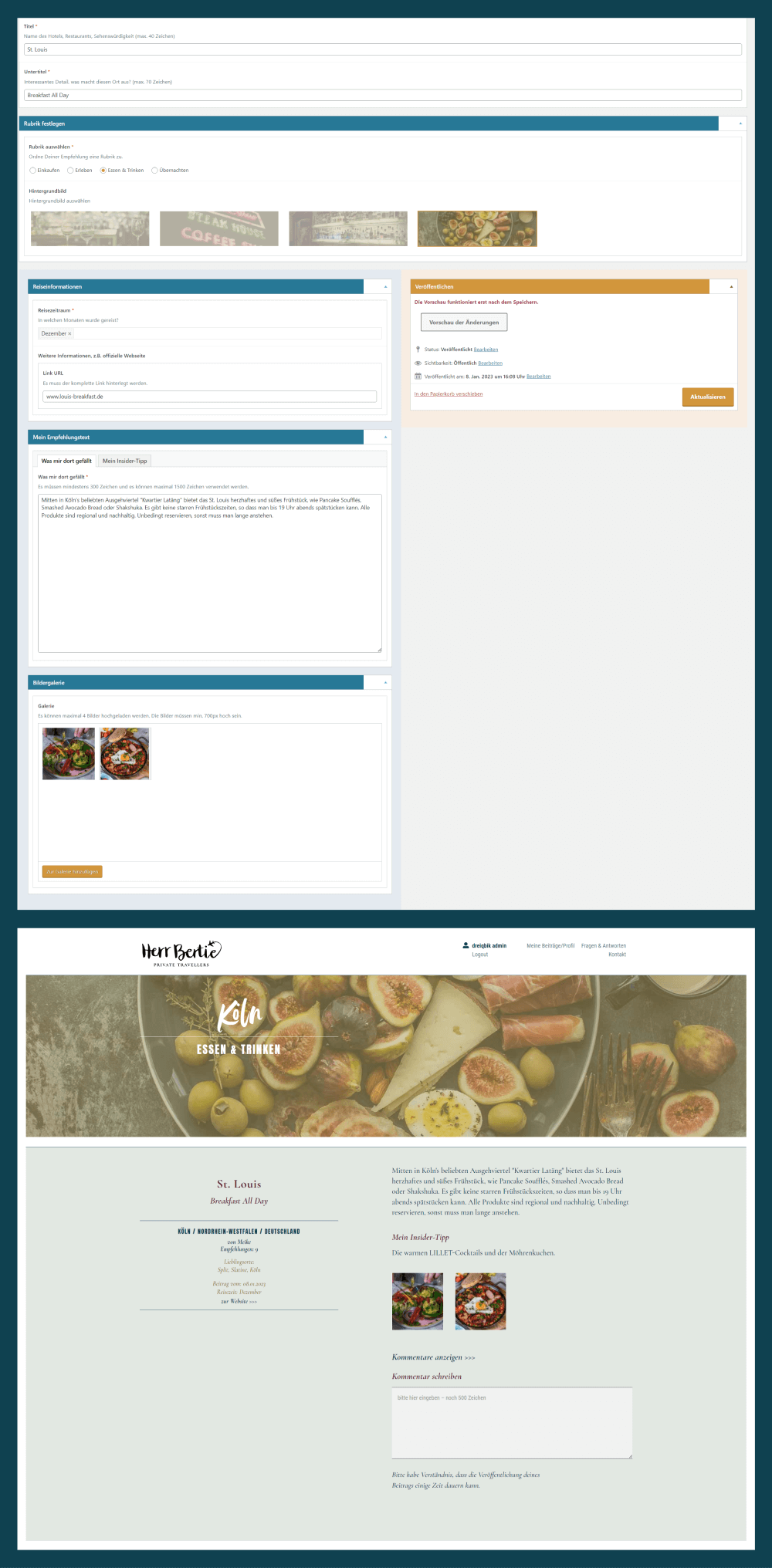 Ansicht eines WordPress-Backend und die dazugehörige Ausgabe im Frontend