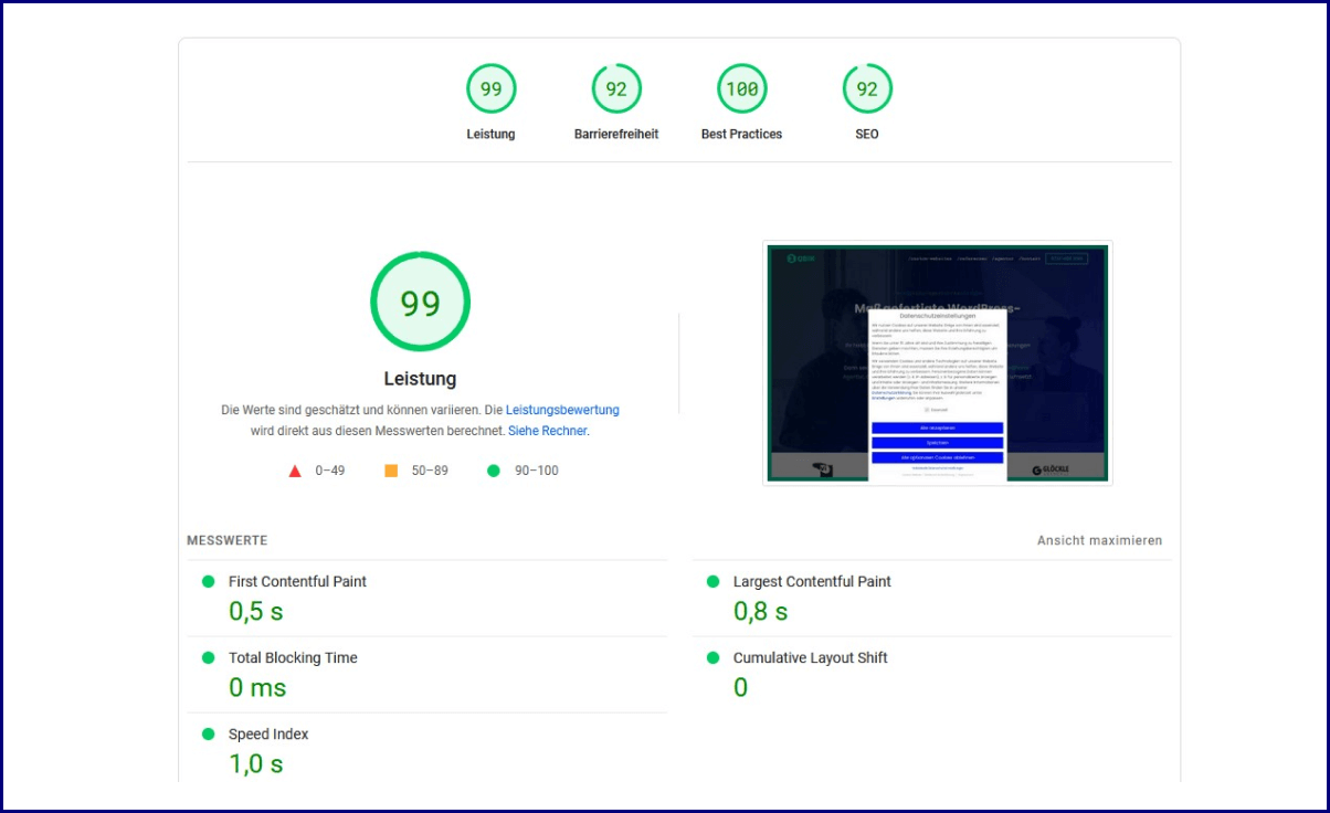 Screenshot: Beispiel für Pagespeed optimierte Website