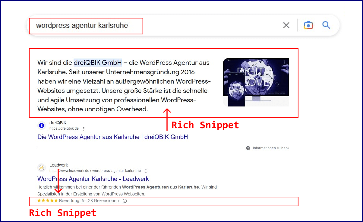 Beispiel eines Rich Snippets für die Sucheingabe WordPress Agentur Karlsruhe