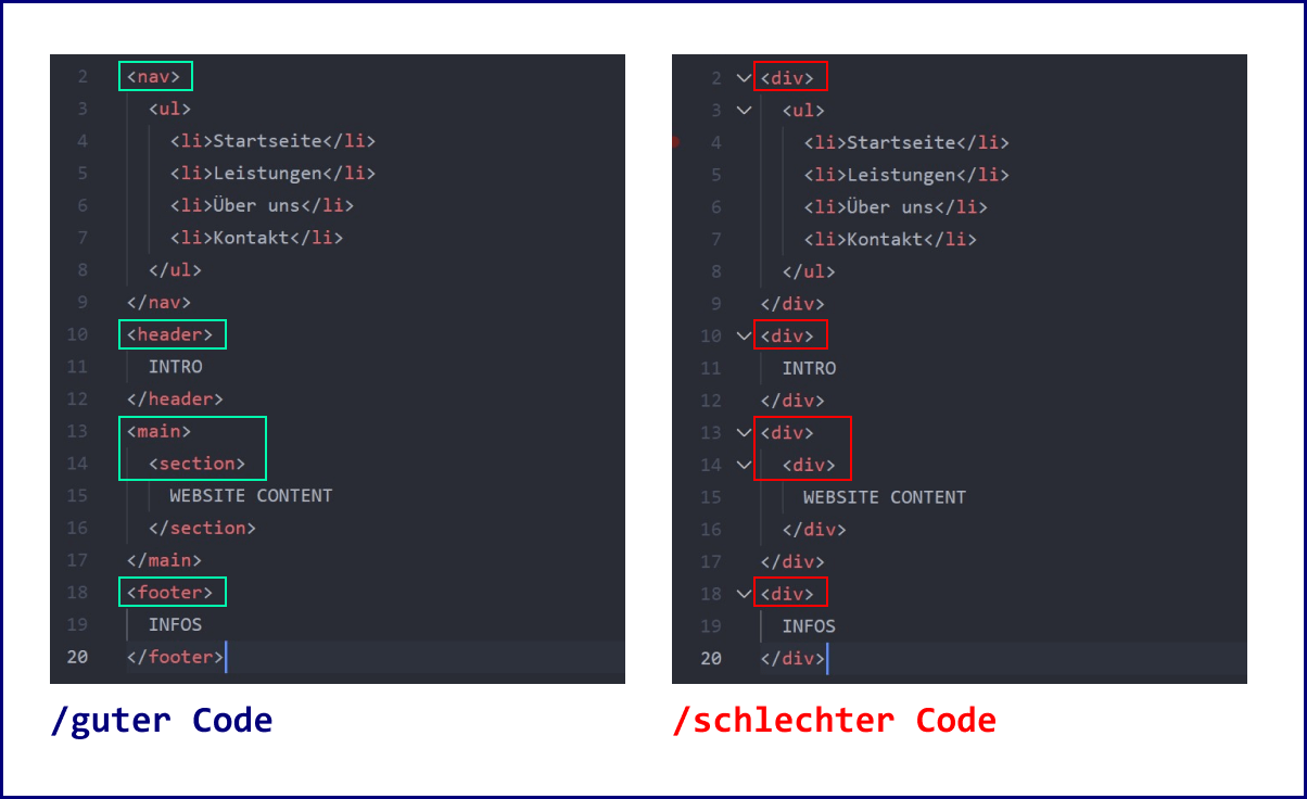 Screenshot: Beispiel für semantisch korrekten und semantisch falschen Code