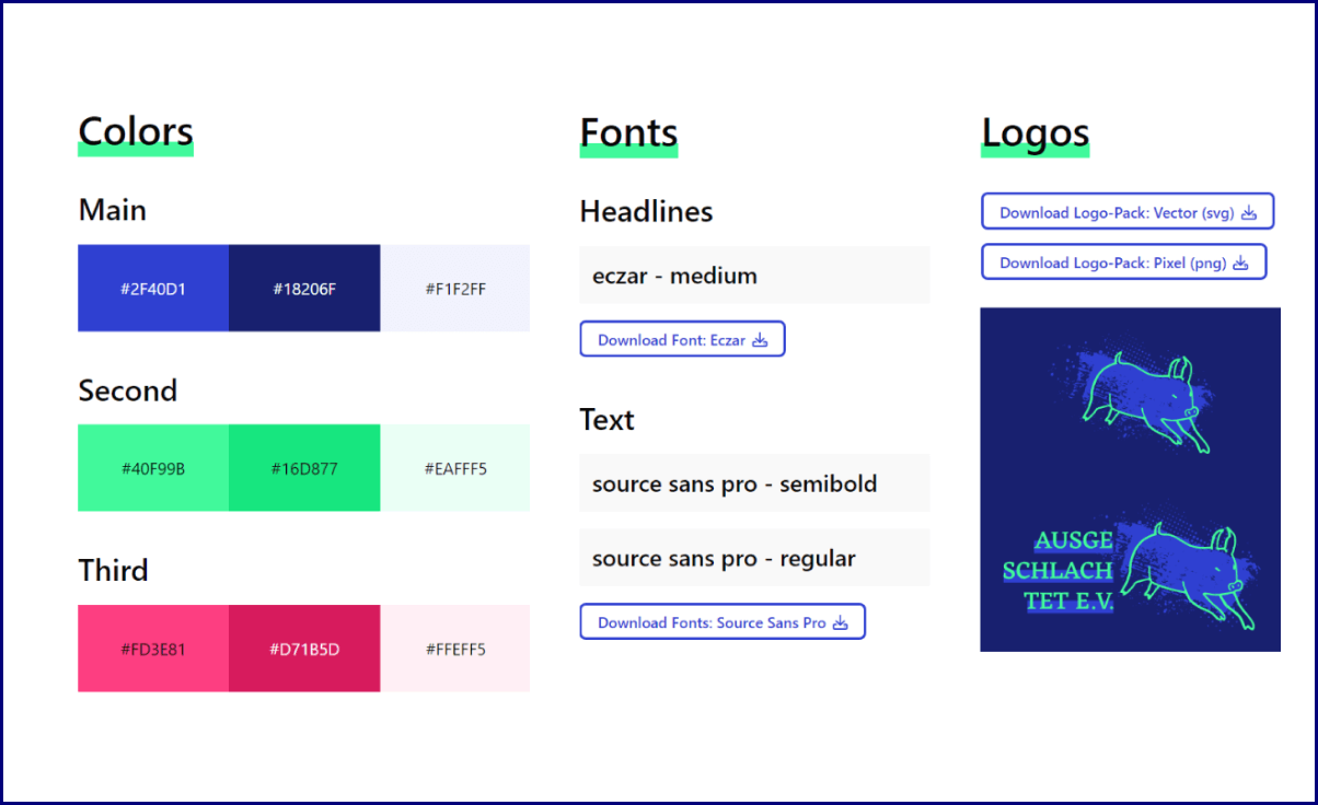 Screenshot von einem Website-Styleguide mit Farben Fonts und Logos